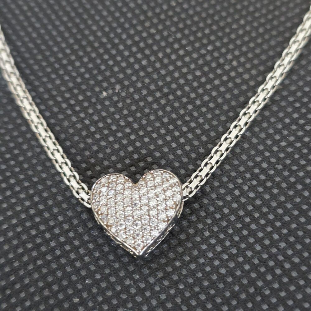 925 Sterling Silver Pave CZ Heart Pendant Necklace Sparkling Dainty Love Jewelry